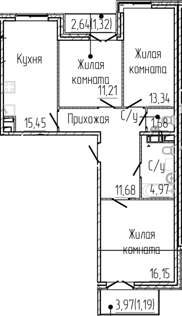 3-комнатная квартира 76.99 м², 4/4 эт., ЖК «SERTOLOVO PARK»
